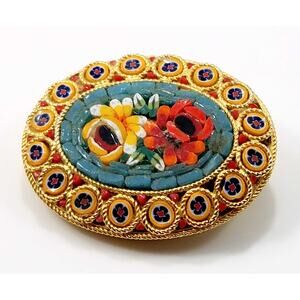 Vintage Italian Floral Micro Mosaic Oval Brooch, Murano Glass, 1950s, 1 1/2 Inch